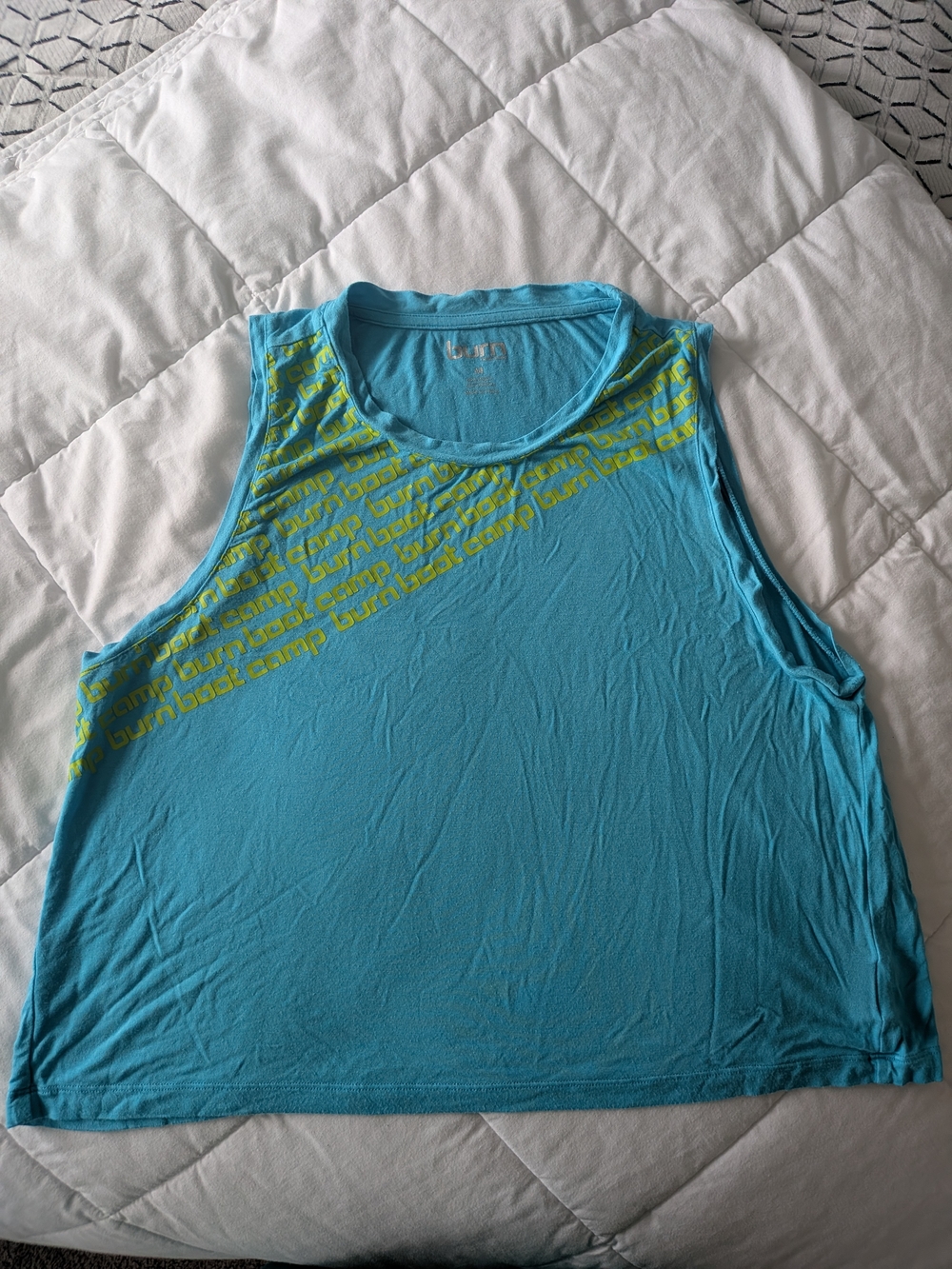 Burn Boot Camp Cropped Teal Sleeveless Tank with Lime Green Diagonal Print
